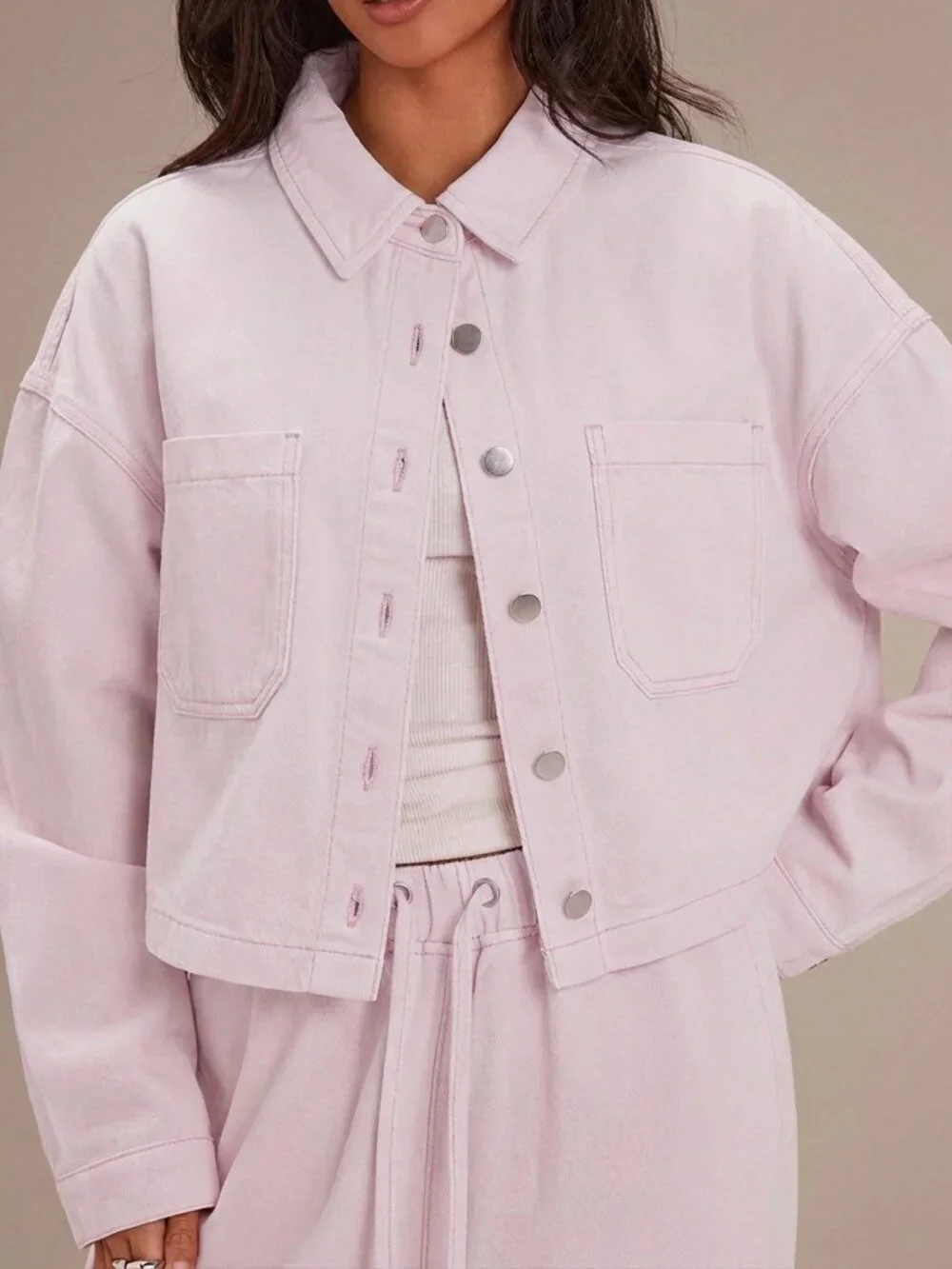 Baby Pink Casual Women's Denim Denim Shirt